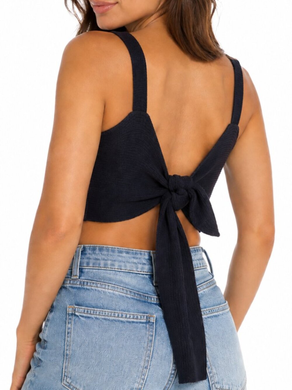 WORKHALL OKAKIE Campre Tie Wrap Crop Tank Top Ribbed Knit Black Women's Medium